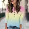 Women's Fashion Casual Retro Gradient Print V-neck Seven-quarter Sleeve Button Up T-shirt Top