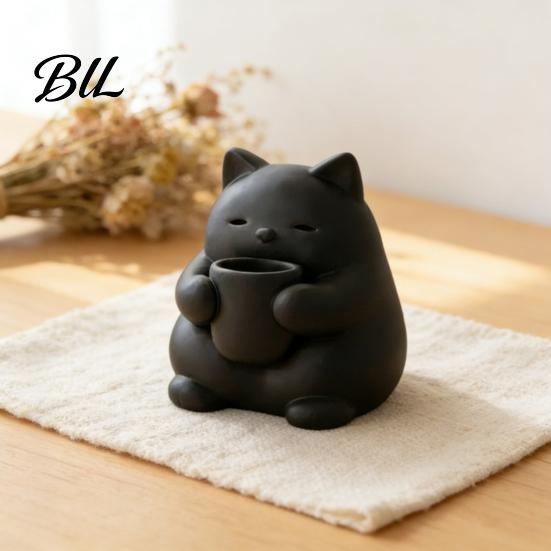 Decorative Cat Desk Accessory Mini Cute Figurine 3D Printed Drinking Tea Statue Themed Home Decor Small Desktop Ornament for Living Room Bedroom