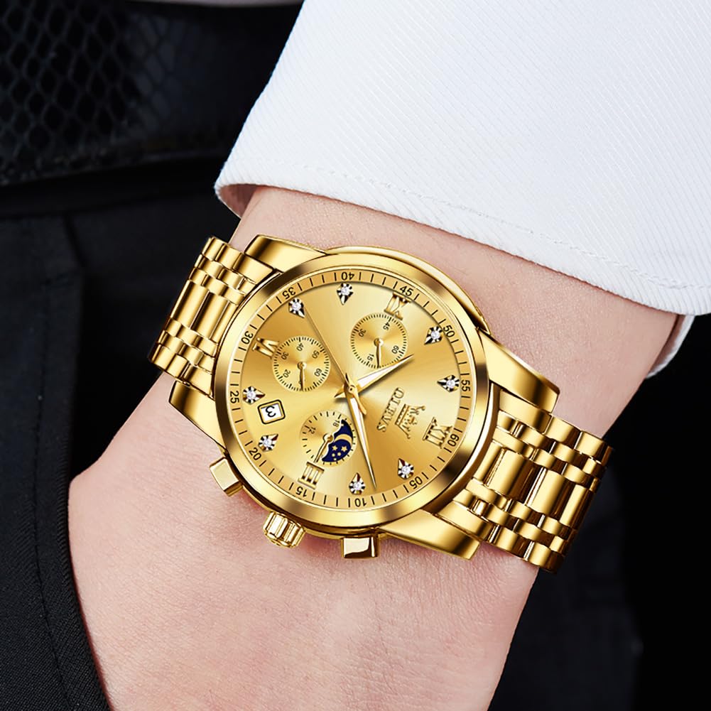 OLEVS Таймер фазы Луны Водонепроницаемые Светящиеся кварцевые часы с браслетом из нержавеющей стали Простые модные часы для мужчин золотые мужские