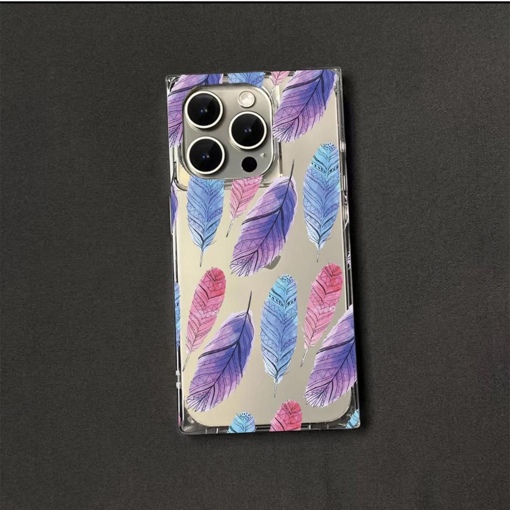 Square Back Tube Protection Clear Case For iPhone 11 14 Pro Max 16 ProMax 15 Plus 12 13 Anti-Oxygen,Full Screen Feathers Pattern Casing