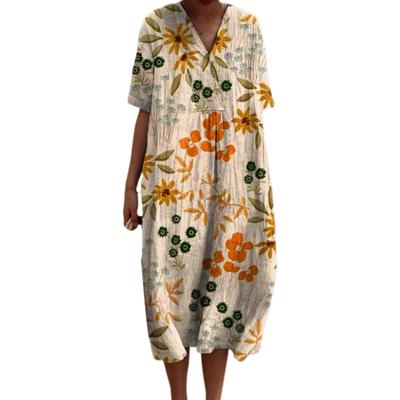 Летнее женское платье V-образный вырез короткие рукава свободное винтажное с цветочным принтом богемное