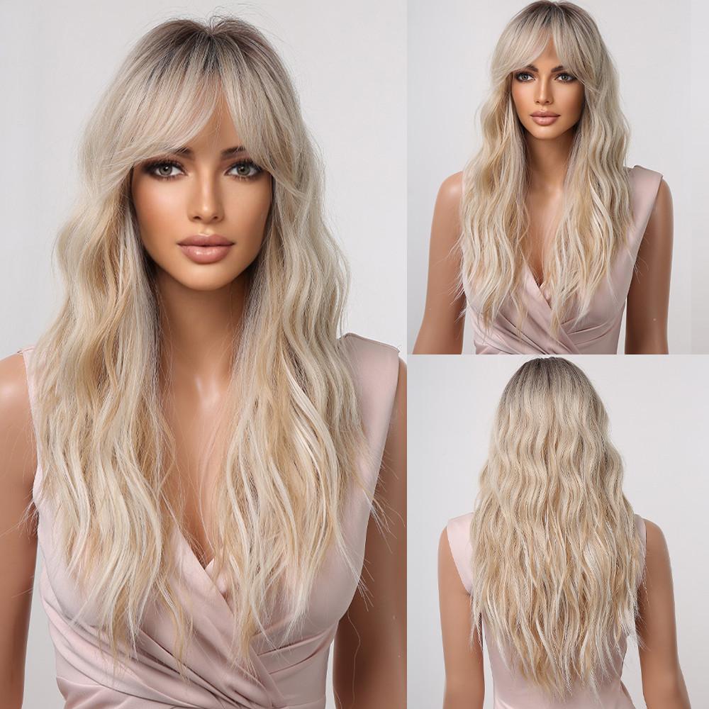Длинные светлые синтетические парики с глубокой волной и челкой, парики из вьющихся волос для женщин, ежедневные парики, термостойкие
