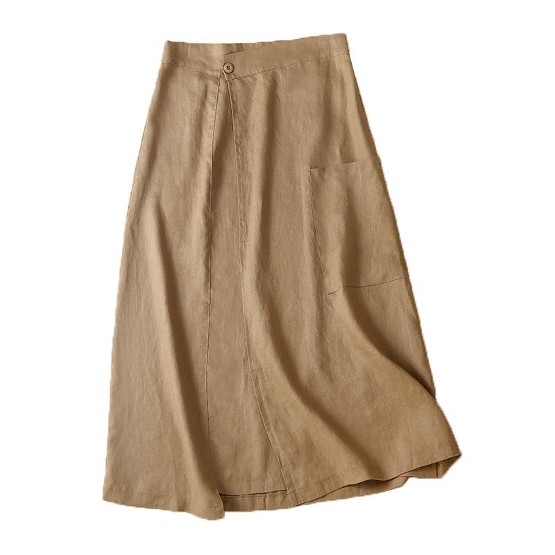 2024 Summer Women's Retro Pure Linen High-Waist A-Line Midi Skirt
