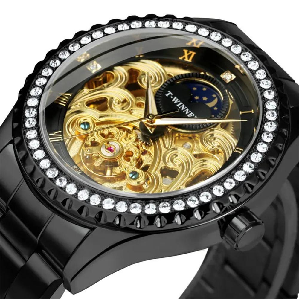 Gold Wristwatches Moon Phase Design Luxury Retro Style Diamond Mechanical Watch Stainless Steel Bracelet Skeleton Tourbillon Men Automatic Watches