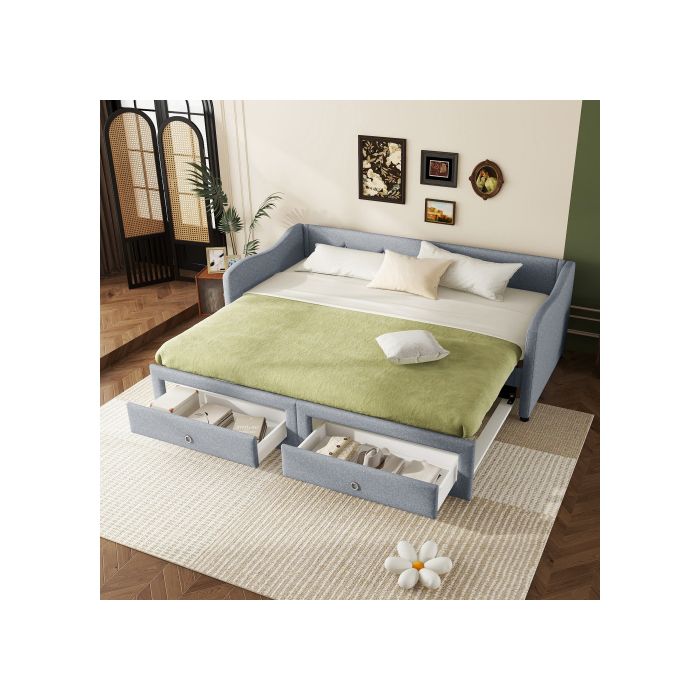 Lit de jour 90x200 cm - MUVOE - Canapé-lit avec tiroirs - Gris - Lit escamotable - Multifonctionnel