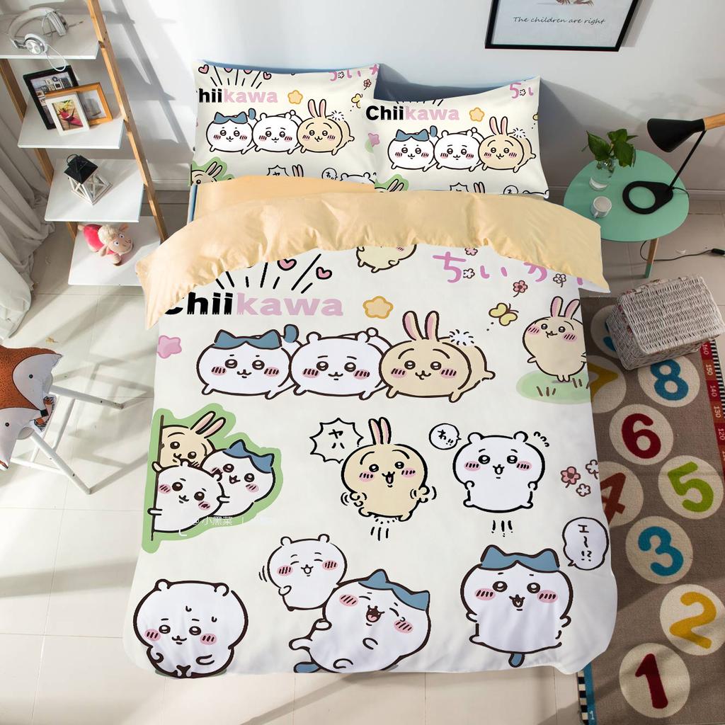 Мультяшный комплект постельного белья с милыми Чиикавами, красочный принт, полиэстер, для студенческого общежития, простыня, пододеяльник, детский подарок, домашний текстиль