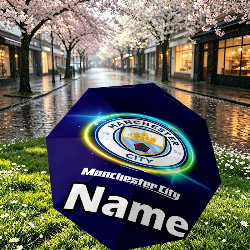Custom Name Personalized Manchester City FC Print Umbrella, Auto Open Close, 8‑Rib Sturdy Frame, Commute Camping Hiking Use, Birthday Gift