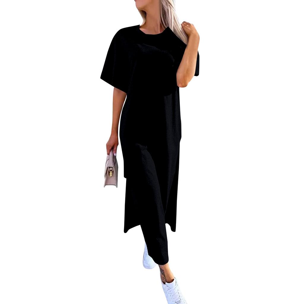 Женское однотонное платье с короткими рукавами, круглым вырезом и разрезом по краю