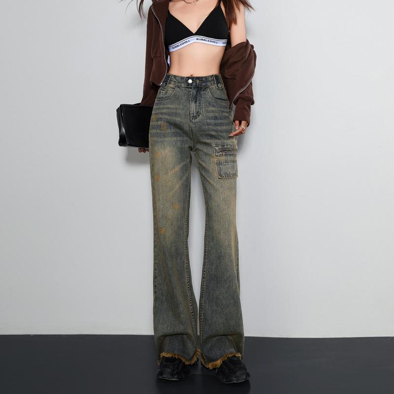 Ретро Выстиранный Синий Желтый Американская Легкая Рабочая Одежда Брюки Широкие от Бедра для Женщин Осенью и Зимой Джинсы в Пол для Женщин Осенью и Зимой