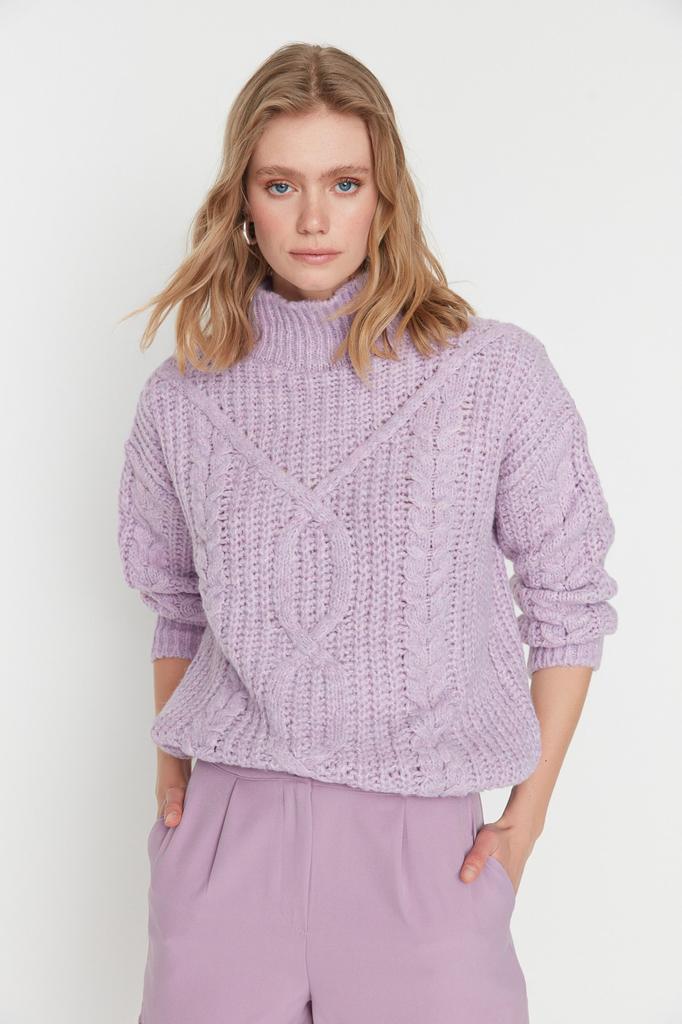 Women's Fashion New Sweater Navy Blue Soft Textured High Collar Knitwear Sweater