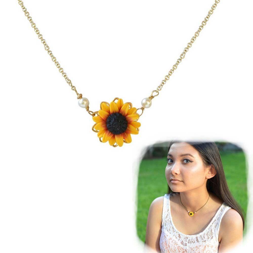 Women Romantic Jewelry Gold Plated Sunflower Necklace Chain Pearls Flower Pendant