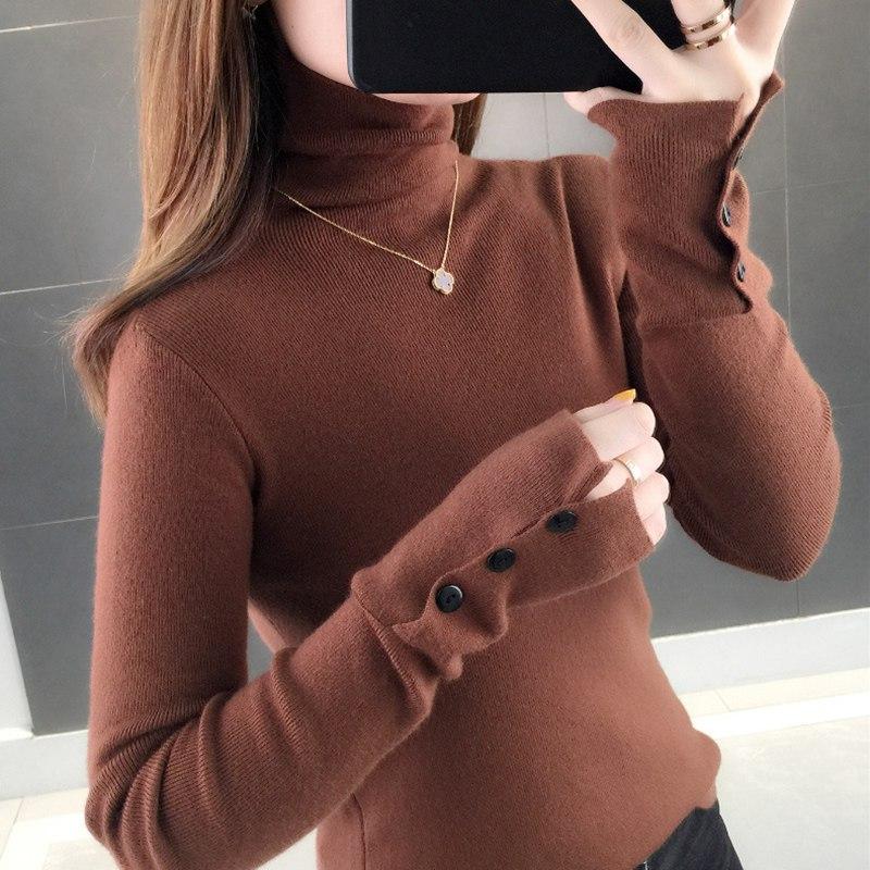 Женский осенний повседневный вязаный пуловер, свитер, воротник с ворсом, водолазка с длинными рукавами и пуговицами, тонкий внутренний однотонный цвет