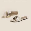 High-end Metal Buckle Exposed Toes Hollow One-word Slippers Women's Summer Wear French Small Sandals Flat-bottomed Beach Mops