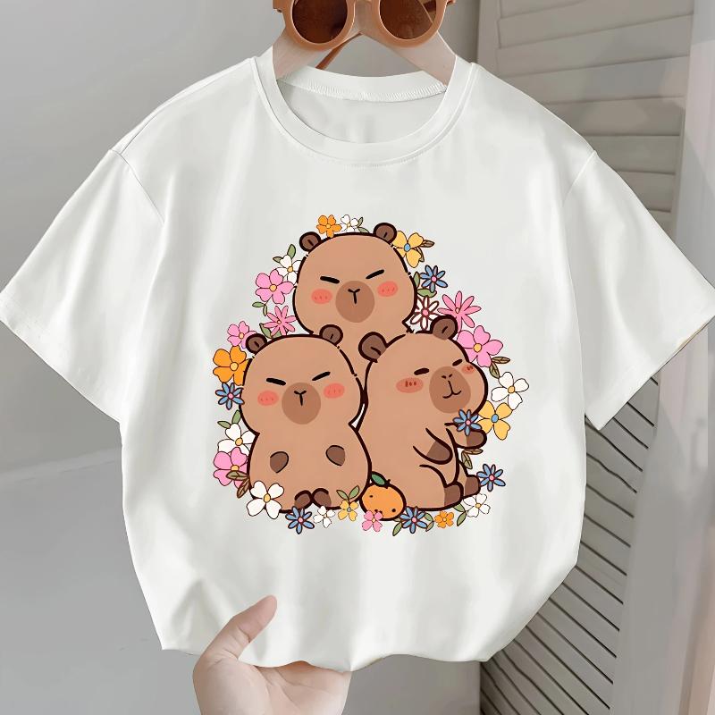 Pure Cotton T-shirt "CAPYBARA Capybara Milk Tea" Print, Fashionable Children's Round Neck Breathable Short-sleeved for Girls.
