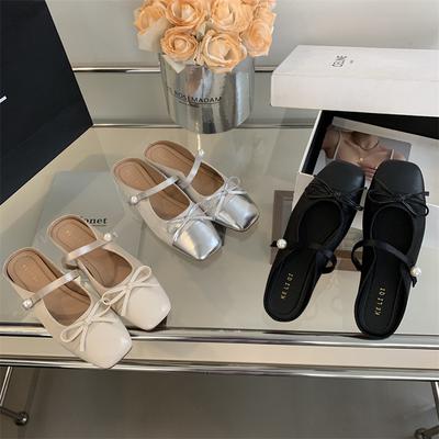 Модная обувь Женская 2025 Туфли-шлепанцы с бантом-бабочкой Женские с низким верхом и закрытым носком Новинка Лето Мягкая ткань Бант-бабочка Каблуки-копытца Римский лаконичный ПУ С