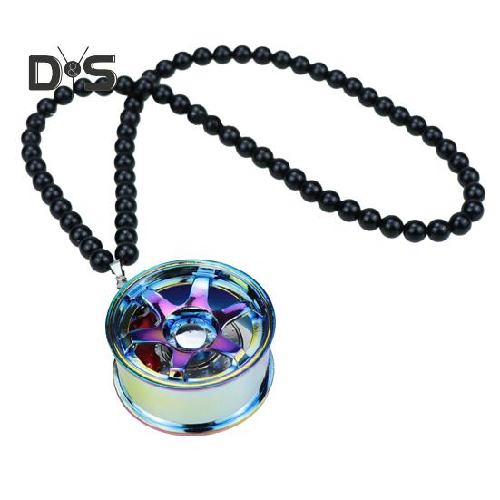 Alloy Racing Wheel Car Pendant Rearview Mirror Hanging Accessory Glossy Black Beads Silver Tag Auto Decoration Unique Design