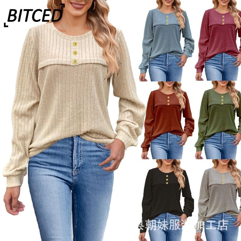 BITCED Женские модные повседневные однотонные блузки и рубашки с круглым вырезом и длинным рукавом с принтом