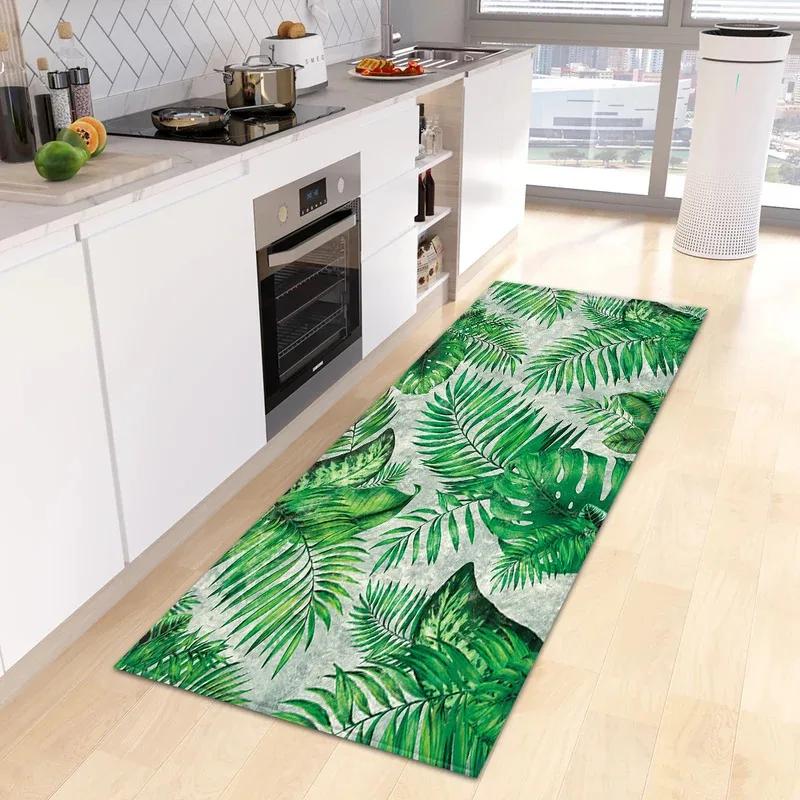 Green Tropical Leaves Kitchen Rug Non-Slip Washable Entrance Doormat Living Room Hallway Bedside Floor Carpet