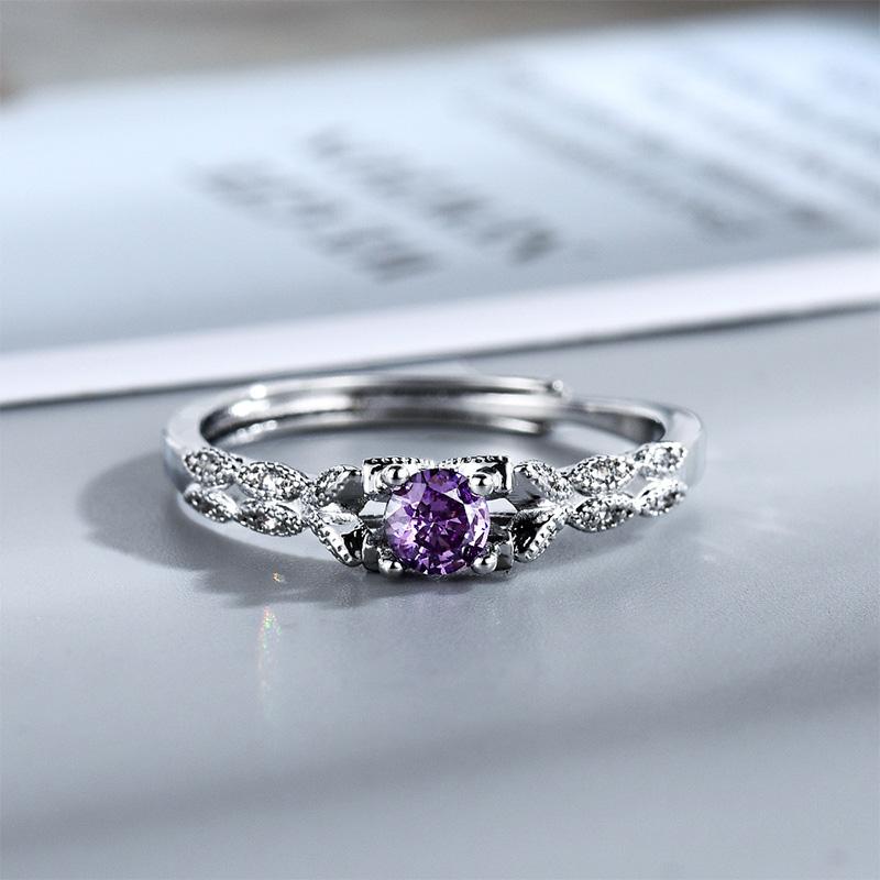 Silver Color Light Luxury Style Amethyst Dazzling Zircon Ring for Women's Girls Simple Fashion Adjustable Ring Jewelry Gifts