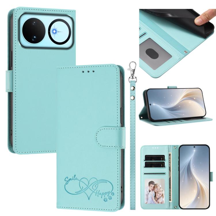 Happy Heart Pattern Magnetic Closure Vegan Leather Phone Case with Wrist Strap For Huawei Mate 60