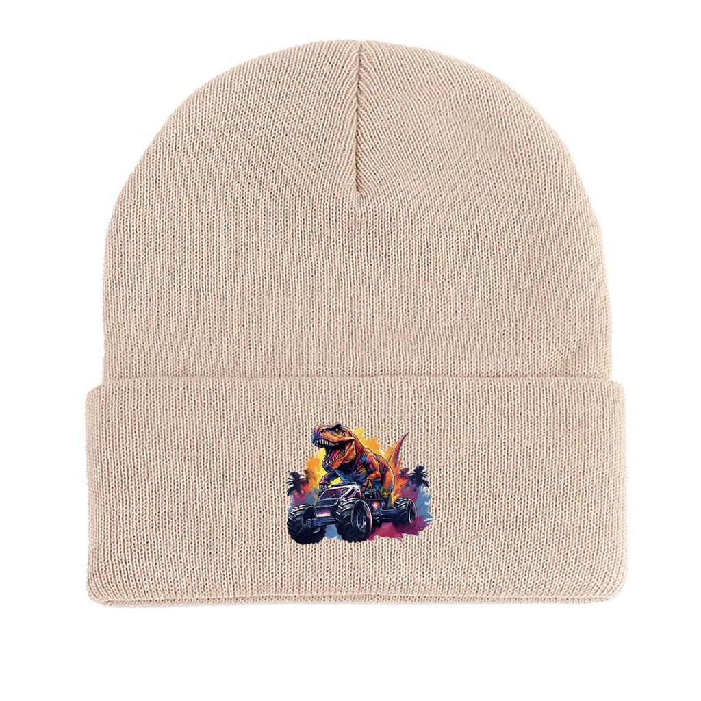 Monster Truck Dinosaur Print Knit Hat Beanie, Animal Skull Cap Stretchy Elastic Stylish Pompom Beanies Knitted Cap Beanie