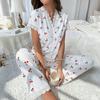 2025 Summer Cherry Print Women Pajama Set Lace Trim Short Sleeve Front Button Top & Full-Length Pants 2 Pieces Sleepwear Nightwear Homewear