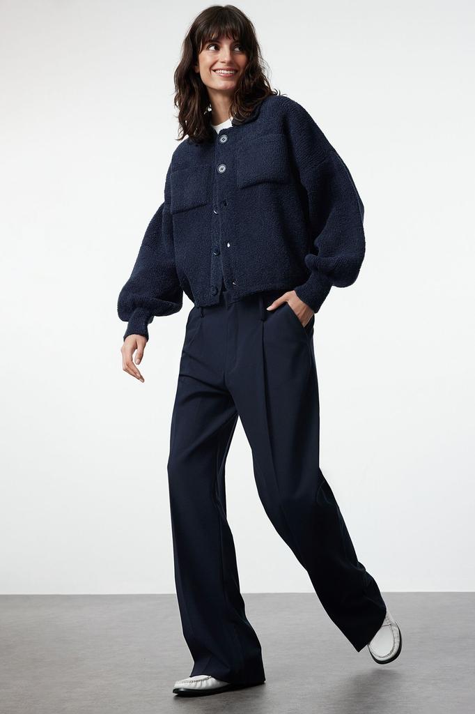 Women's Fashionable Stylish Cardigan Navy Blue Soft Textured Coat Look Knitwear Cardigan