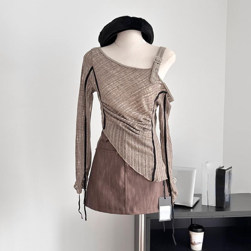 Autumn Woman Irregular Design Jerseys Gyaru Long Sleeve Cropped Tops Slash Neck Pullovers Y2k Streetwear 2000s Aesthetic Vintage