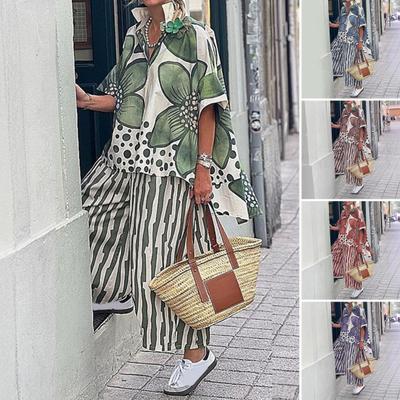 Женский комплект из двух предметов с цветочным принтом, свободный топ с коротким рукавом и широкими брюками, летний повседневный уличный стиль в стиле бохо