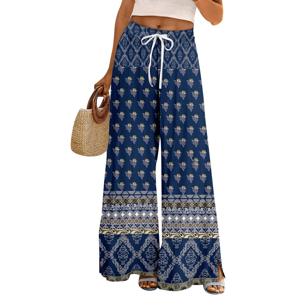 Women Summer Boho Palazzo Pants High Waist Wide Leg Floral Printing Casual Trousers With Pockets