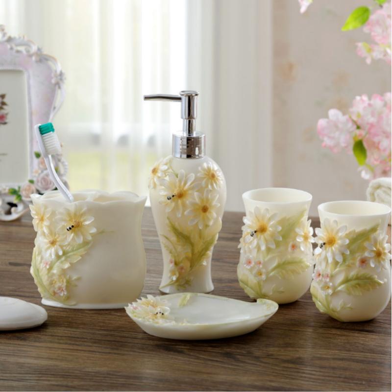 Керамический набор для ванной комнаты, набор из 5 предметов, туалетные принадлежности, пчелиный цветок, пара чашек для полоскания рта, флакончик для лосьона, держатель для зубных щеток