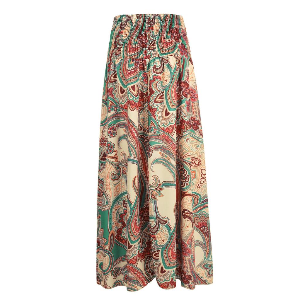Women  Casual Loose Boho Elastic Waist A-Line Beach Flowy Swing Vacation Floral Printing Maxi Skirt