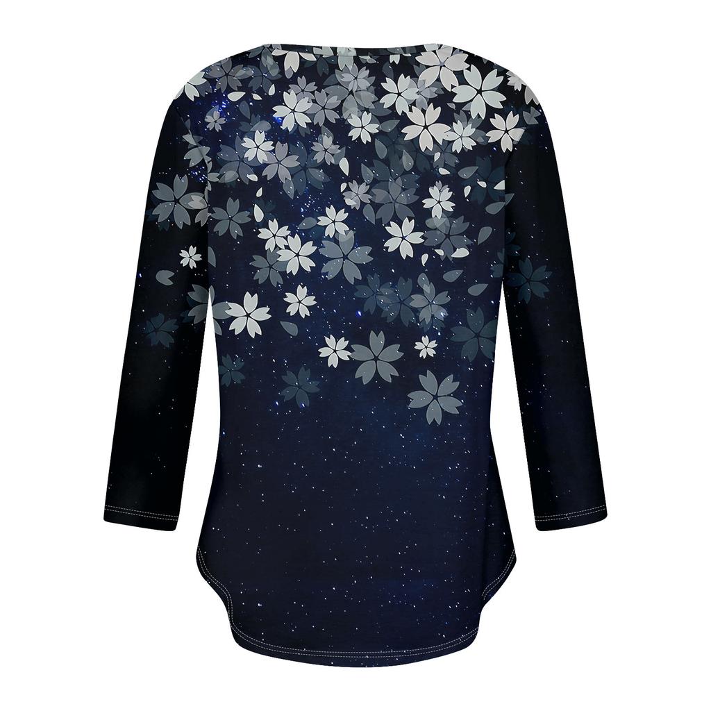 Womens 3/4 Sleeve Daily Weekend V Neck Casual Printed Tshirts Loose Fit Pleated Tees Ladies Blouse