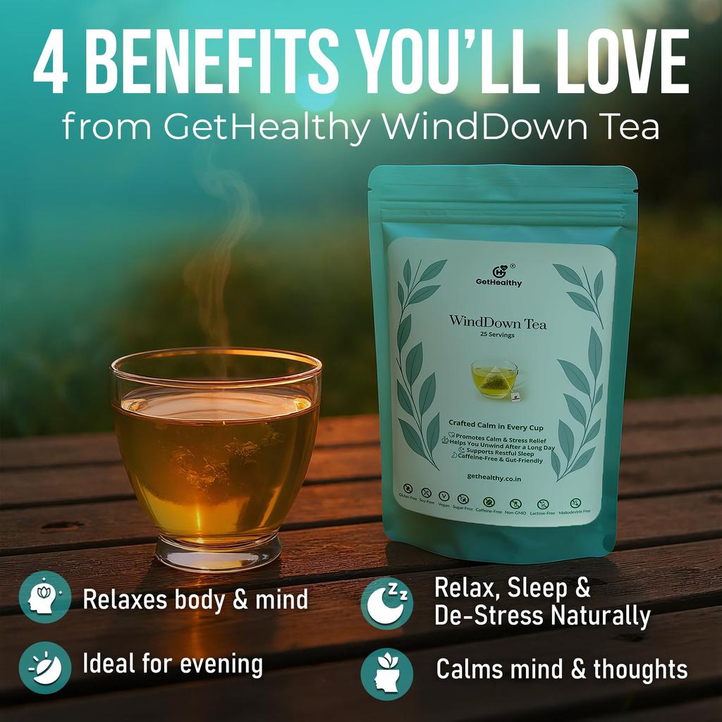 GetHealthy® WindDown Tea™ for Sleep | Caffeine Free Bedtime Herbal Blend with Chamomile, Ashwagandha & Lavender | Relaxing Sleep Tea for Nig