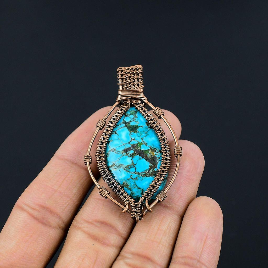 Tibetan Turquoise Pendant, 999 Copper Wire Wrapped Gemstone Jewelry, Handmade Pendant, For Thanksgiving