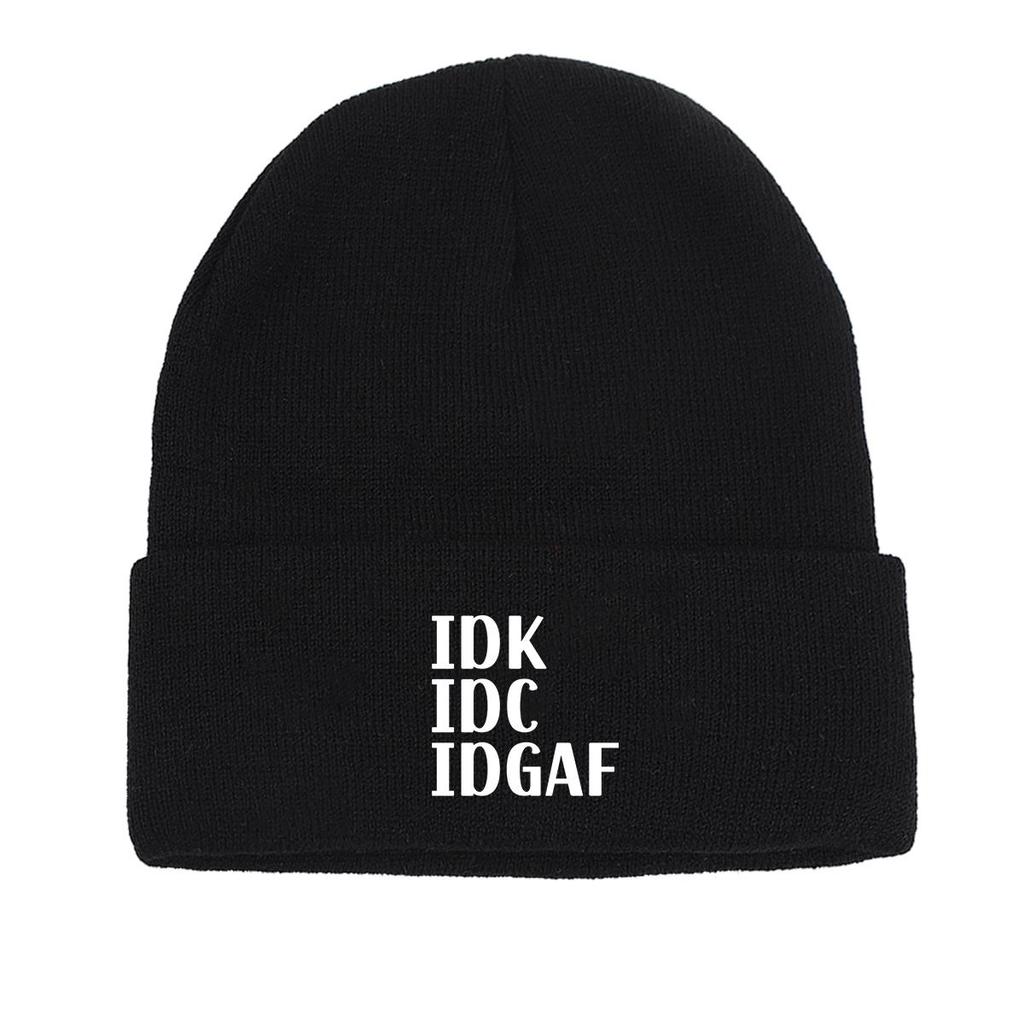IDK IDC IDGAF" Winter Knit Hat Beanie, White Text Skullies Beanies Warm Winter Sporting Gorro Knitted Cap Beanie