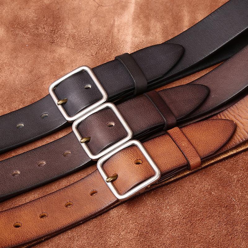 Stainless Steel Buckle Belt Men's Genuine Cattlehide Leather Surface Retro Simple Casual All-Match Jeans Belt Men