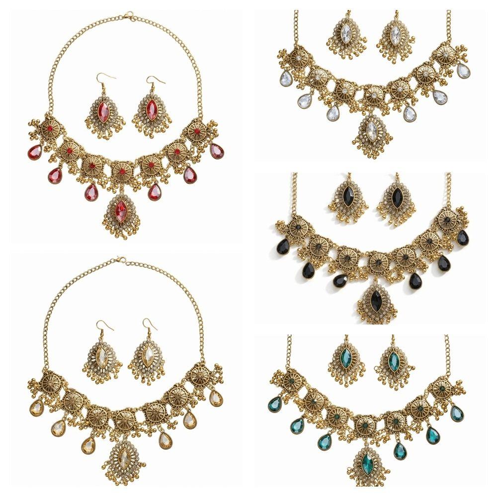 Metal Necklace Earrings Set Water Drop Pendant Ethnic Style Necklace Set  Wedding Party