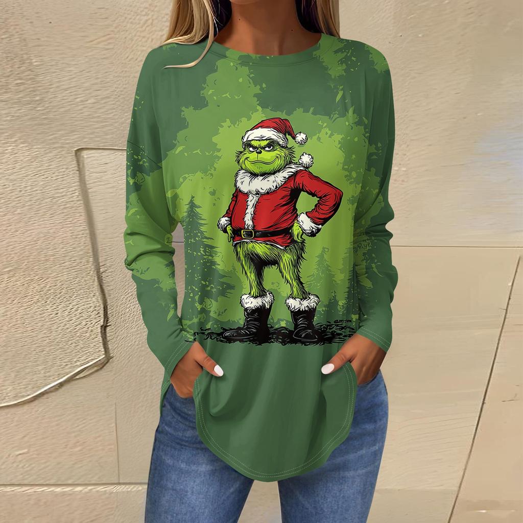 Женская свободная футболка с длинным рукавом с круглым вырезом и принтом, верхний пуловер