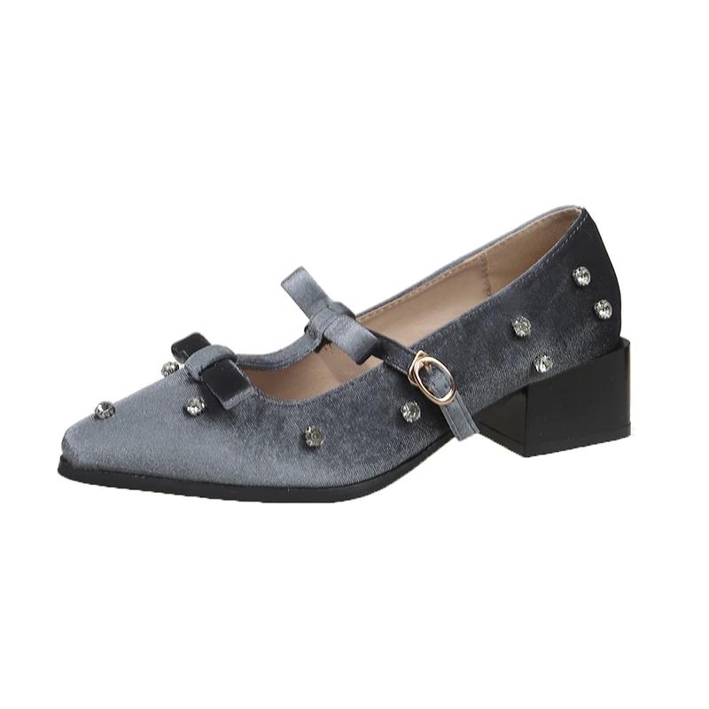 Новые весенние женские туфли-одиночки на квадратном каблуке с острым носком и бантом, ромбовидные туфли для женщин, универсальные, для повседневных поездок на работу, Zapatillas De Mujer