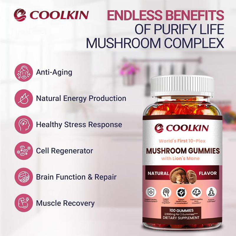 Coolkin Mushroom Complex Gummies – Featuring Lion's Mane and Cordyceps Extracts; Supports Immunity; Suitable for Adults.