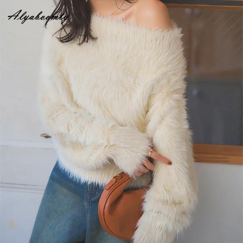 Новое поступление Осень Зима Женский пушистый свитер из искусственной норки - Мягкий пушистый пуловер с вырезом лодочкой Серый Бежевый Теплый Женственный свитер