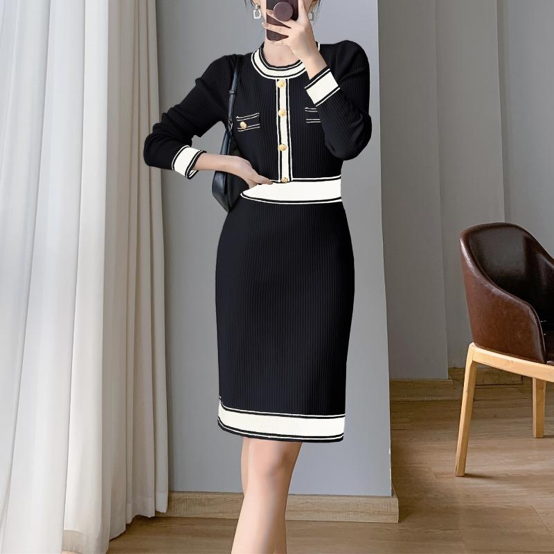 French Elegant Party Color Contrast Dress Women Vintage Slim Mid-length Knitted Dresses Female Korean Fashion Design Casual Clothes