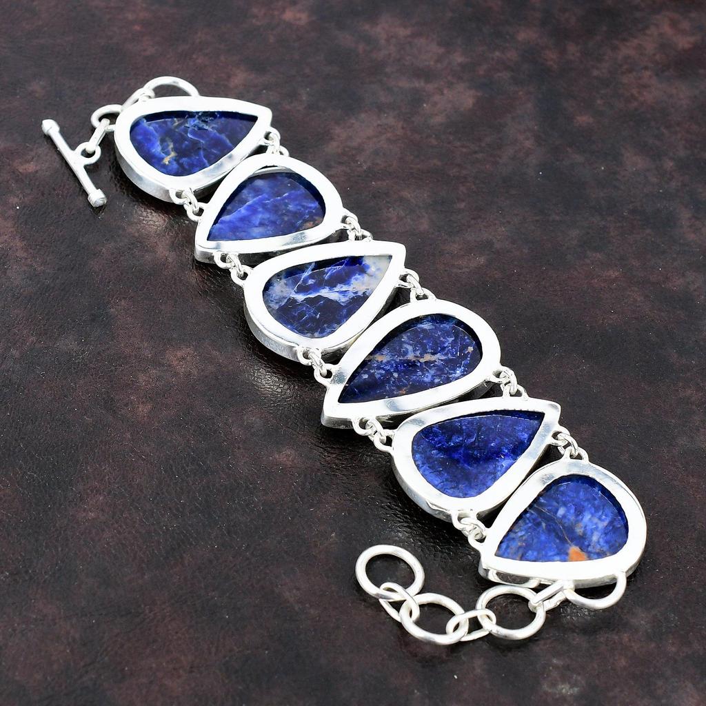 Браслет из содалита Браслет из драгоценных камней Ювелирные изделия ручной работы Браслет из стерлингового серебра 925 пробы Регулируемый браслет-цепочка Ювелирные изделия из содалита Подарок на помолвку