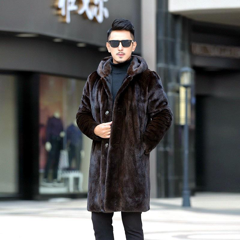 Men's Hooded Mink Fur Coat Mink Velvet Men's Whole Mink Long Leather Coat Mink Fur Fur Fur Coat Windbreaker