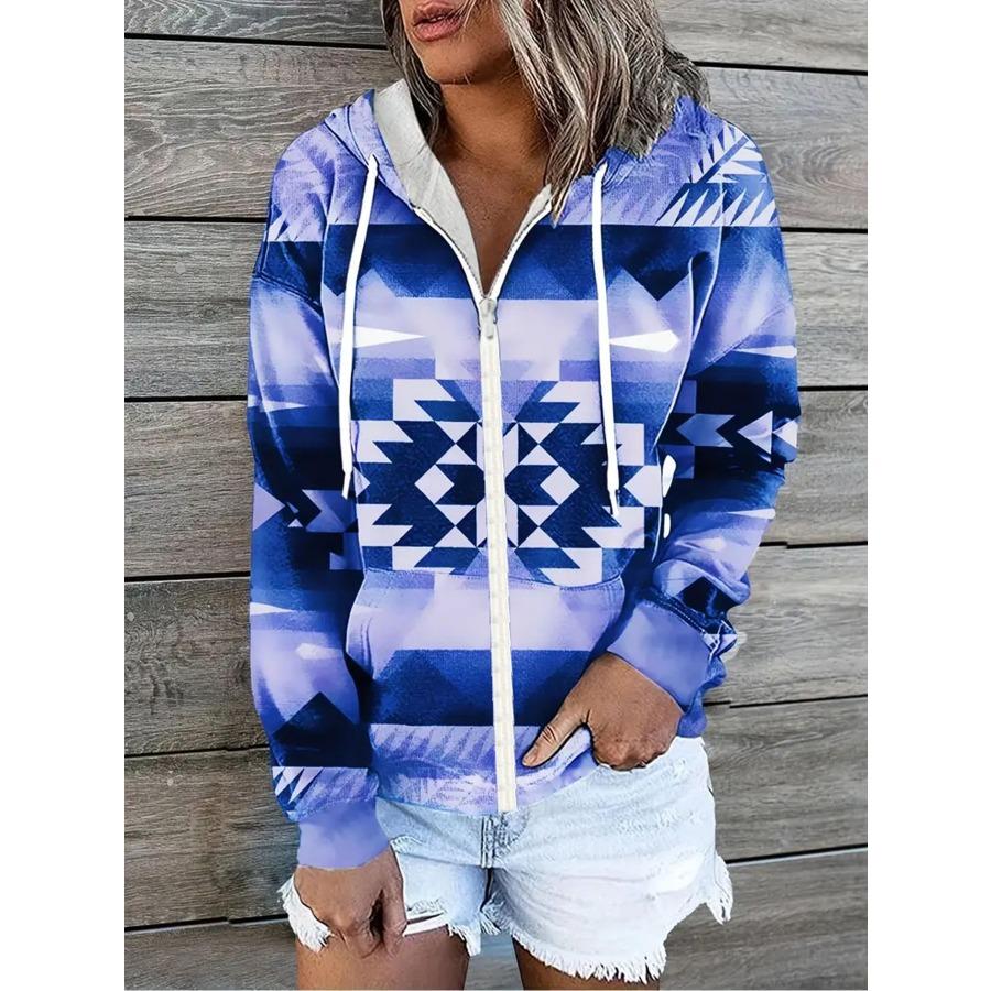Winter Printed Hooded Sweatshirt Sportwear Coat for Women Zipper Down 3D Pocket Hoodies Autumn Women's Clothing