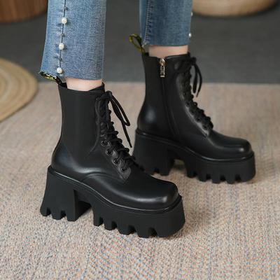 Модные Новые Популярные Высокие Женские Ботинки Британский Стиль Толстый Каблук Короткие Ботинки Толстая Подошва Высокий Каблук Женская Обувь Zapatos Mujer