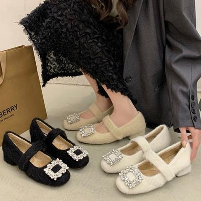 Модные женские элегантные туфли с квадратным носком и мелким вырезом, с мехом, одинарные, 2025, осенние, теплые, удобные, универсальные, плюшевые Мэри Джейн из хлопка