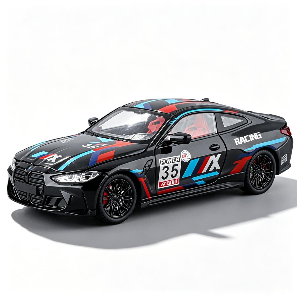Модель автомобиля BMW M4, окрашенная версия, литая из металла, 1:24 Коллекционные украшения-купе со звуком и светом, Праздничный подарок для мальчика