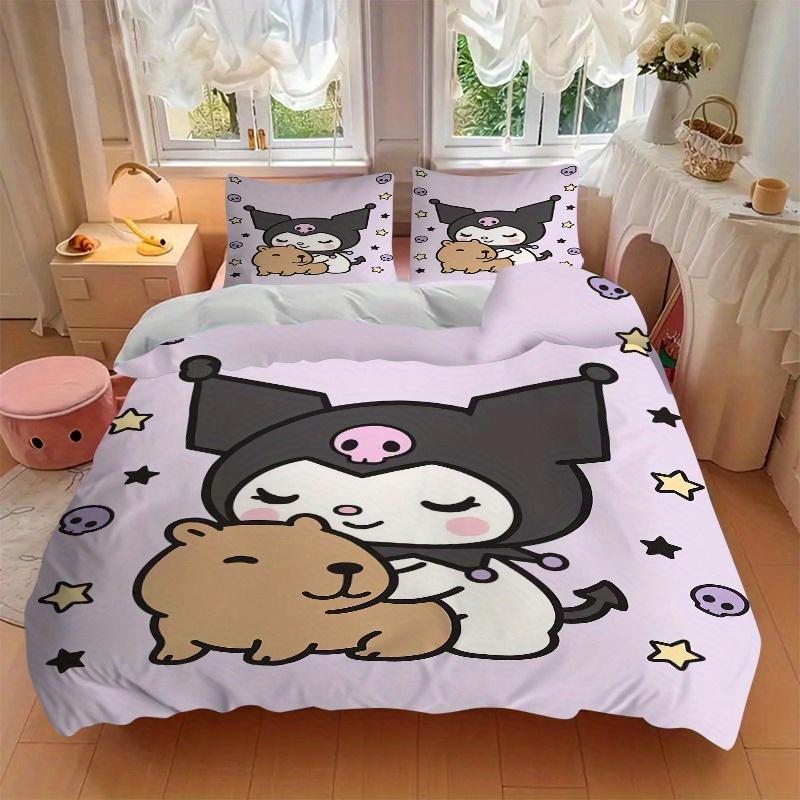 3pcs Kuromi and Kapibara Printed Bedding Set, Soft and Comfortable Quilt Cover for Bedroom, Guest Room (1 Duvet Cover + 2 Pillowcases, Pillo
